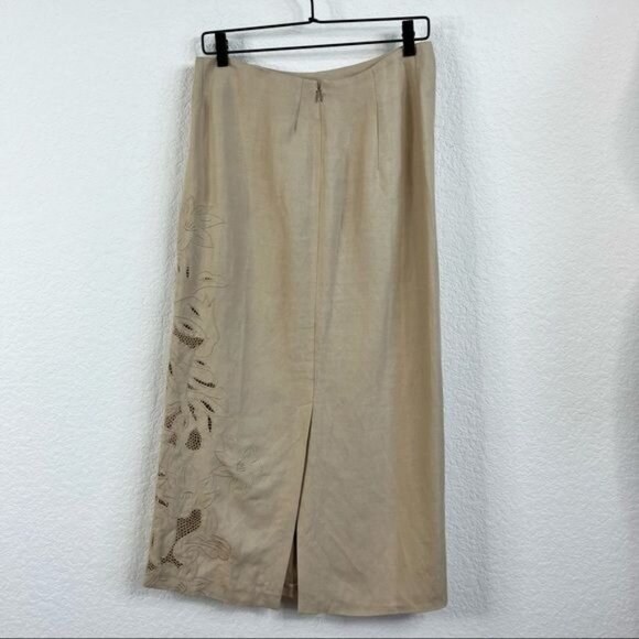 KENZO Linen Floral Cut Out Embroidered Midi Pencil Skirt - Picture 4 of 7